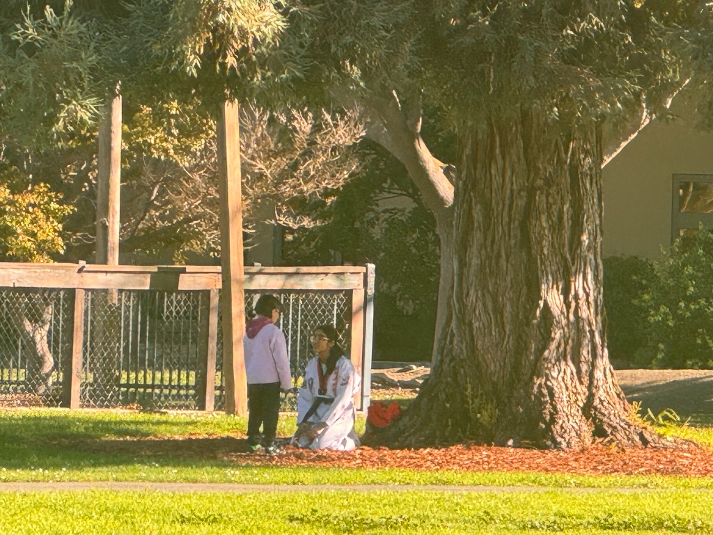 Instructor in uniform with a child under a tree during an outdoor Brave Buds class